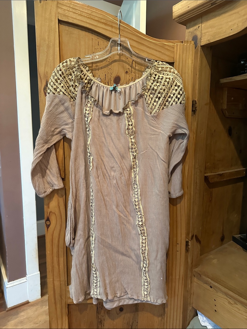 Boho Crochet-Trim Midi Dress in Taupe